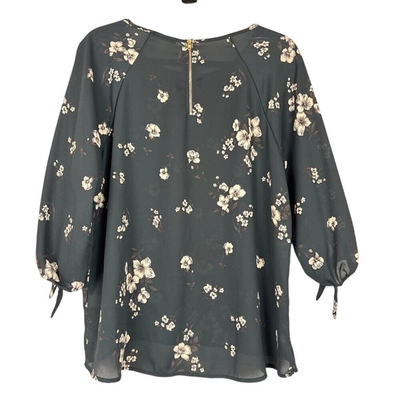 Papermoon Floral Blouse Large Dark Teal Scoop Neck 3/4 Sleeve Tie Cuff Top - Picture 7 of 14